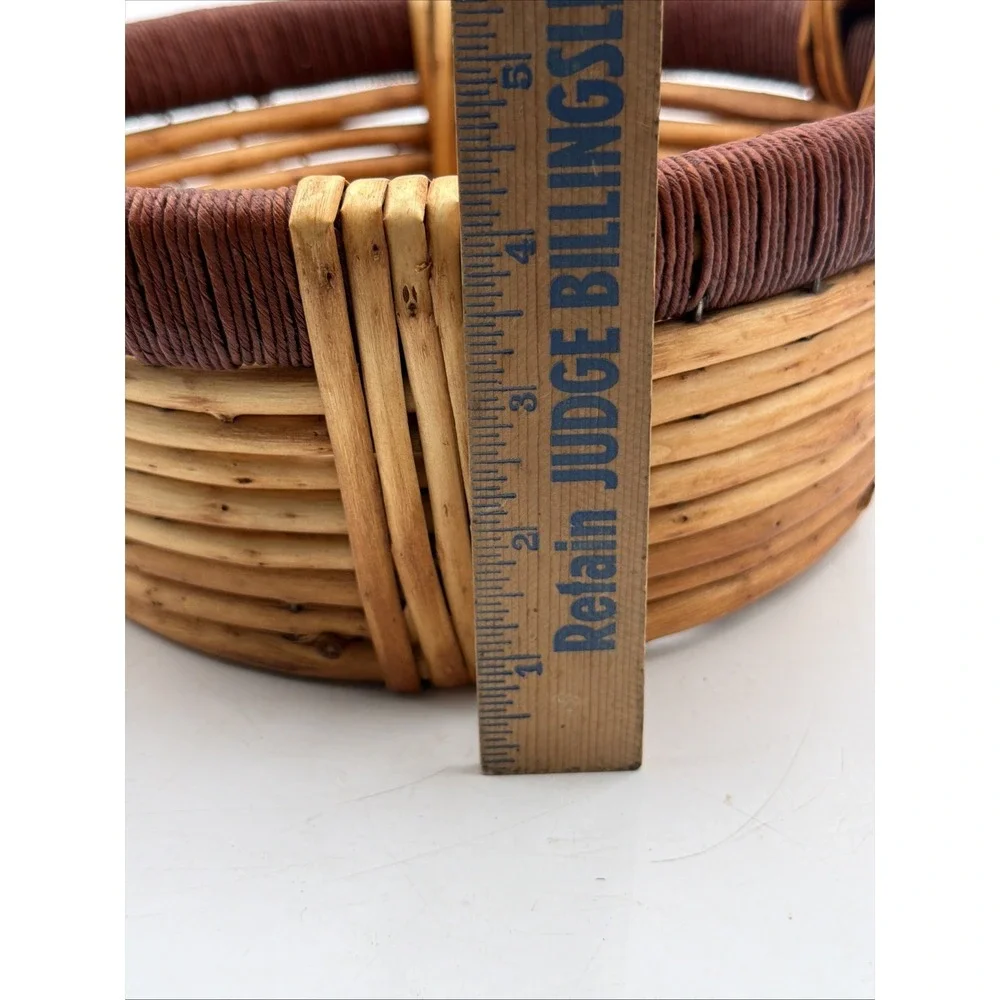 Vintage Gathering Basket Split Reed Jute Log Wood Handles Folk Art Rustic